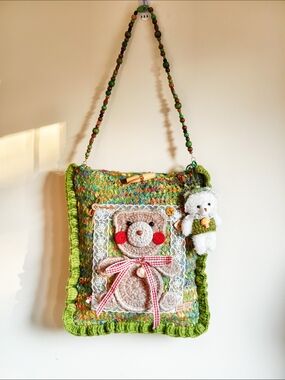 Handmade Crocheted Teddy Bear Shoulder Bag in Multicolor Green